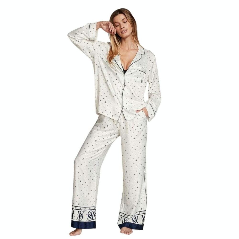 New Victorias Secret long sleeve button up pajama set satin white blue polka dot